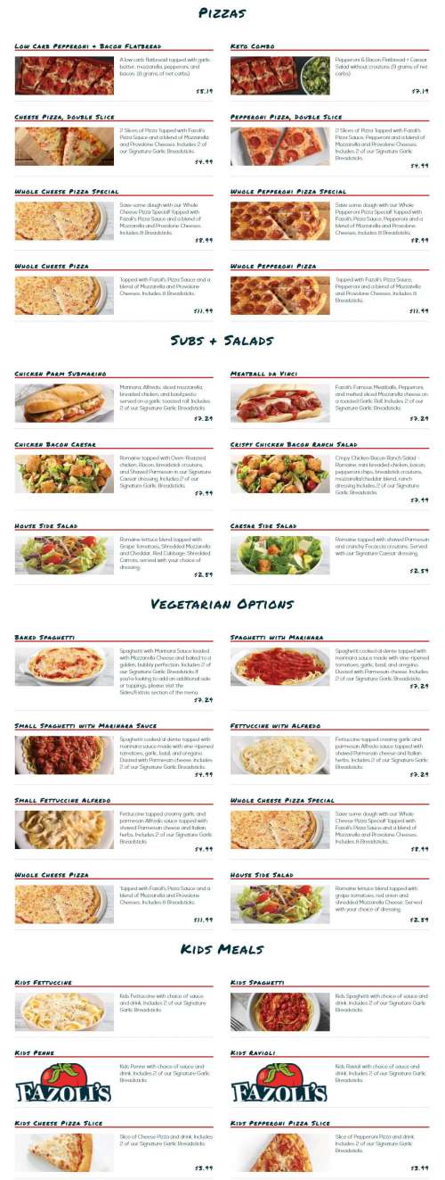 Fazoli's menu in Lexington, Kentucky, USA