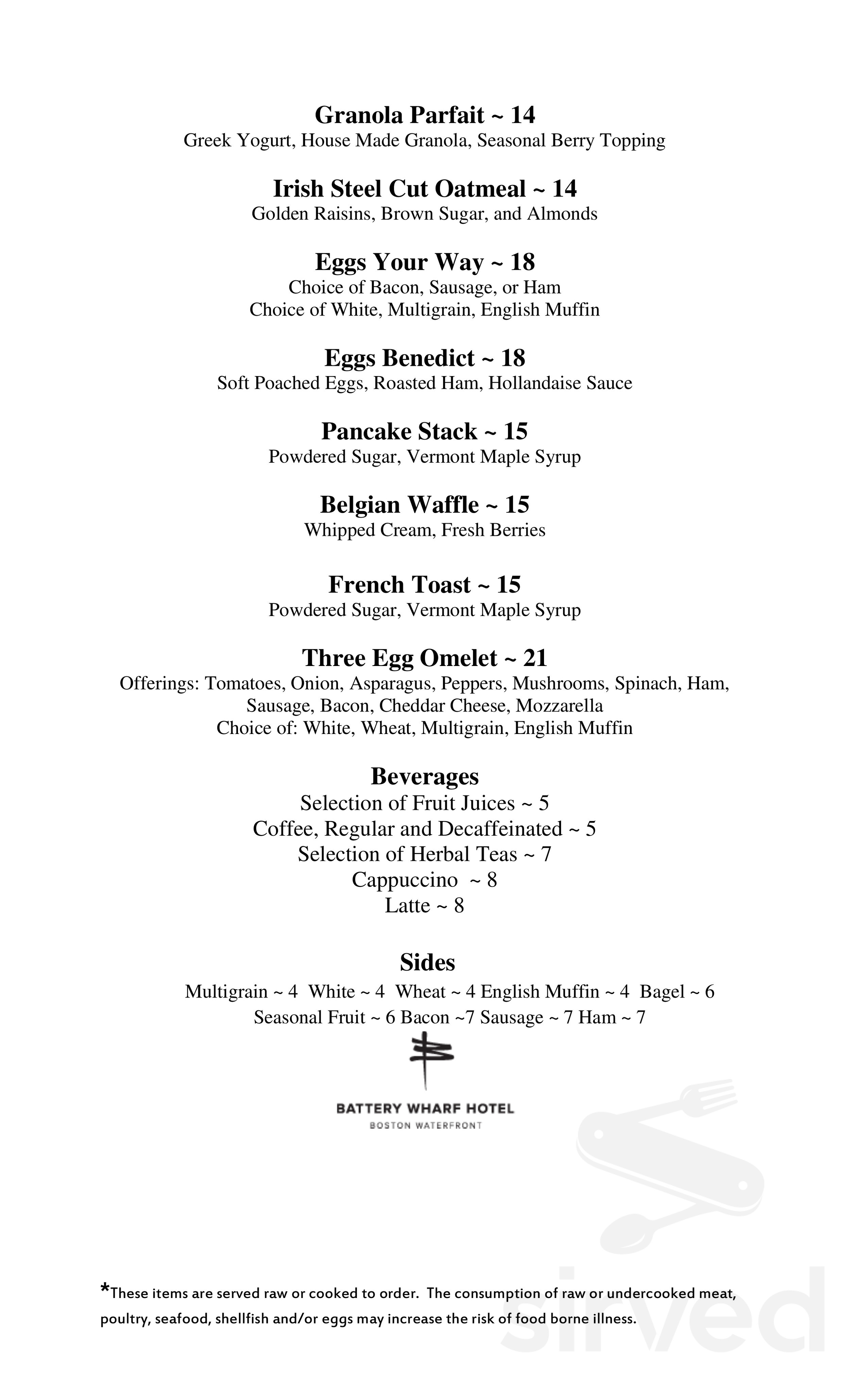 Battery Wharf Hotel Boston Waterfront menu in Boston, Massachusetts, USA