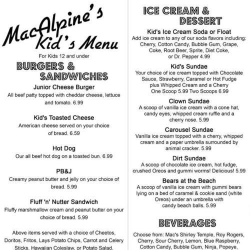 MacAlpine's Diner & Soda Fountain menu in Phoenix, Arizona, USA