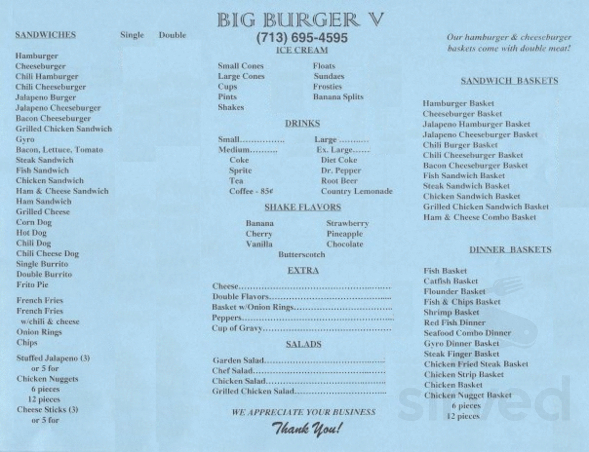 Big Burger V menu in Houston, Texas, USA