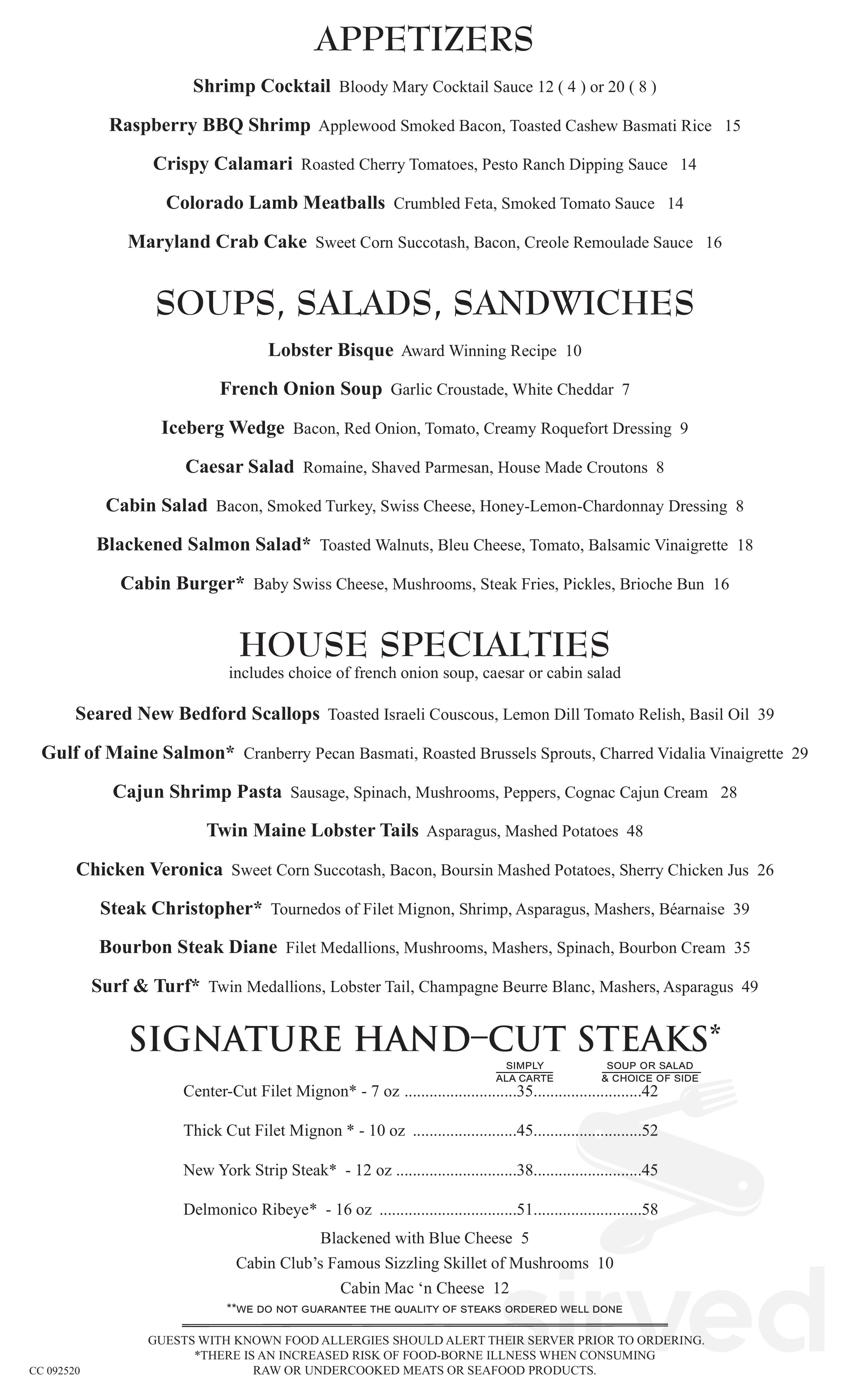 Cabin Club menu in Westlake, Ohio, USA