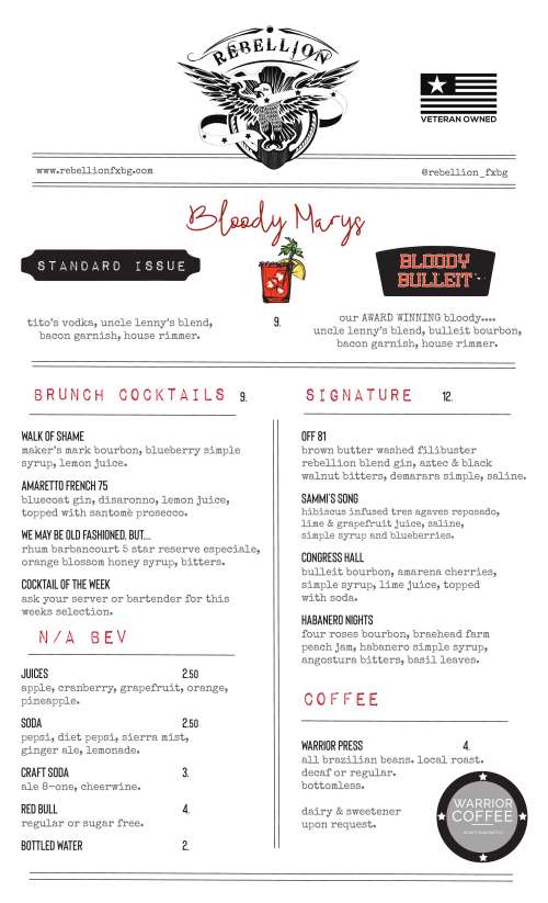 Rebellion Bourbon Bar & Kitchen FXBG menu in Fredericksburg, Virginia, USA