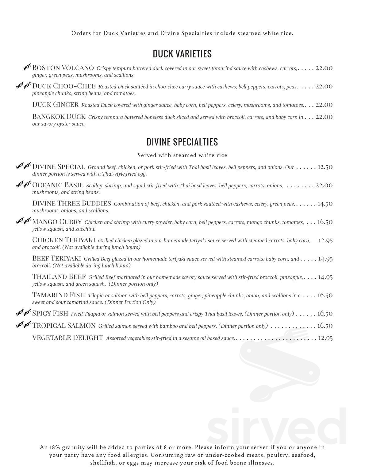 Divine Thai menu in Whitinsville, Massachusetts, USA