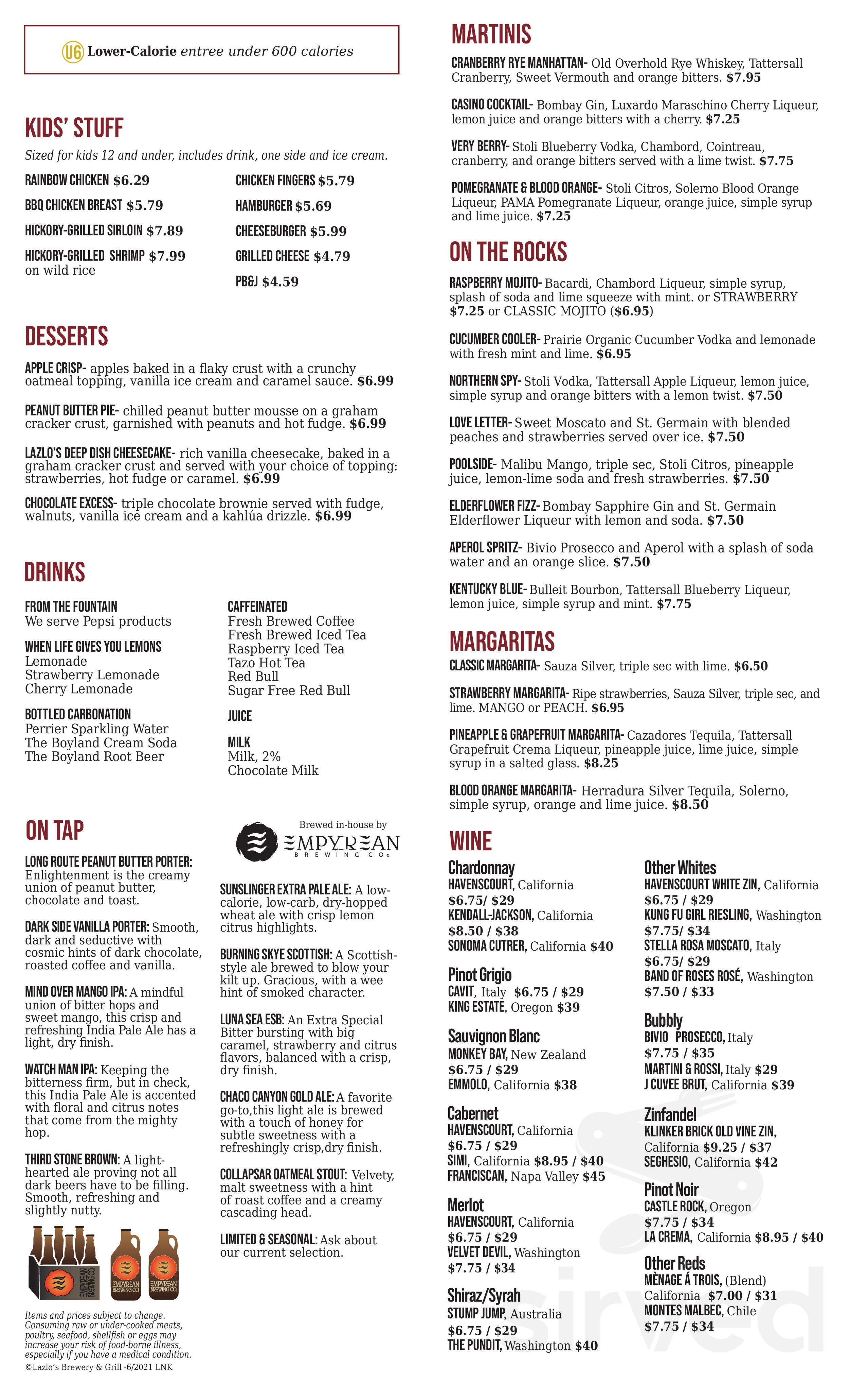 Menu - Lincoln NE's Lazlo's Brewery & Grill - Haymarket | Sirved