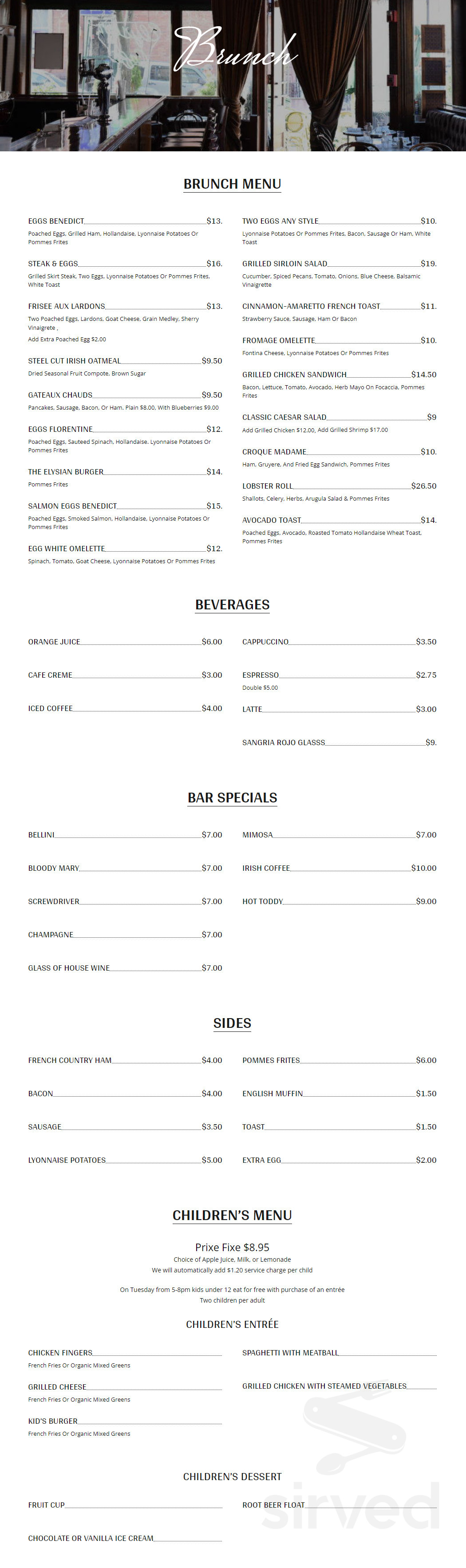 Elysian Cafe menus in Hoboken, New Jersey, United States