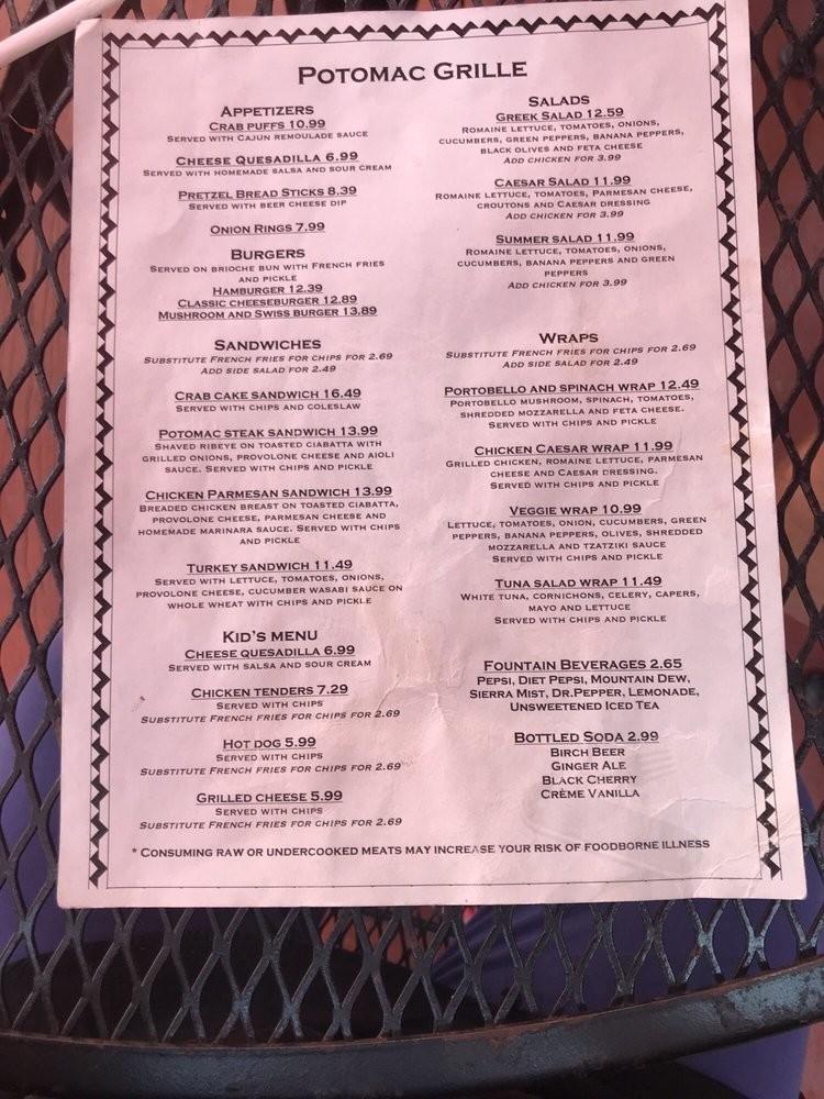 Potomac Grille menu in Harpers Ferry, West Virginia