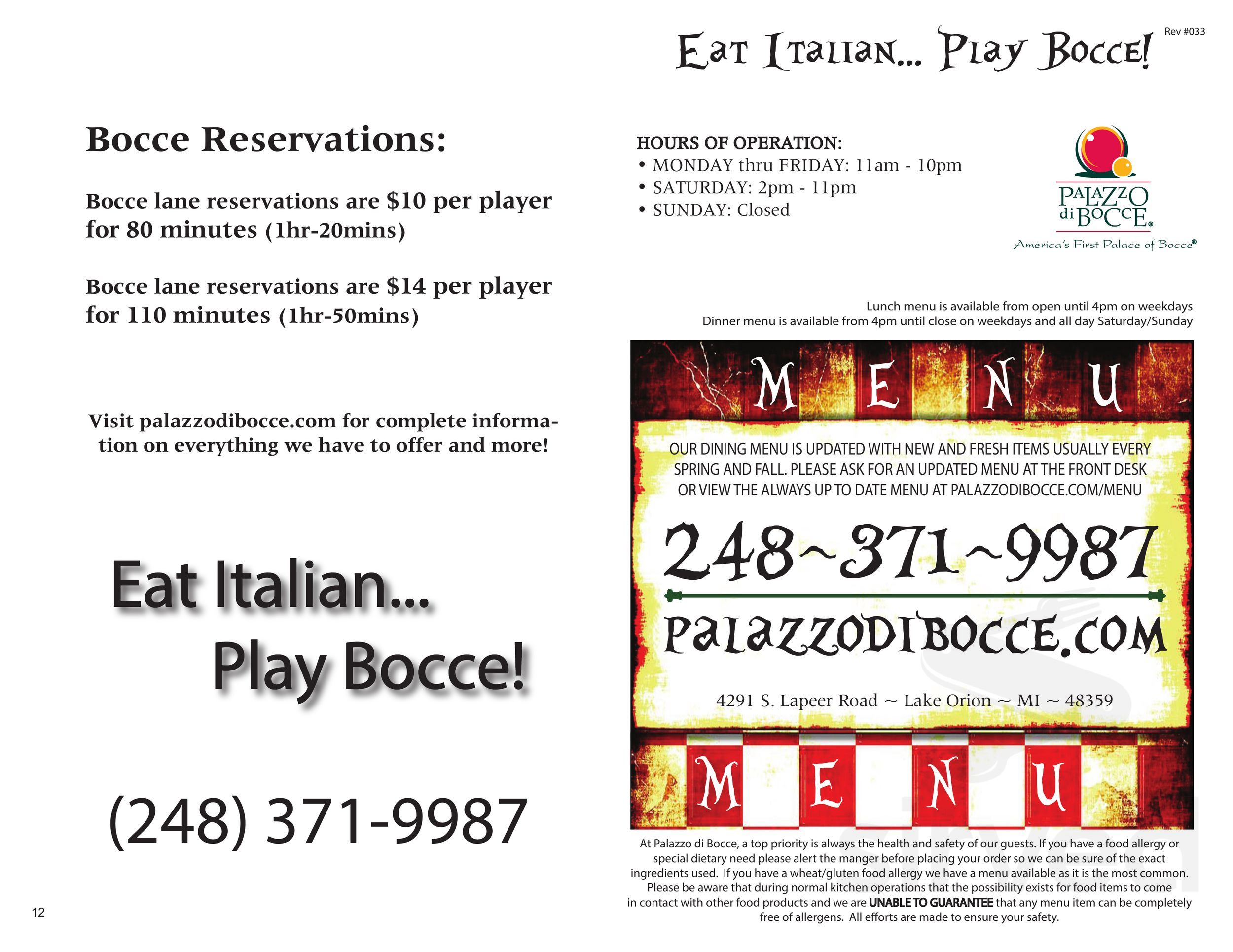 Palazzo Di Bocce menu in Lake Orion, Michigan, USA