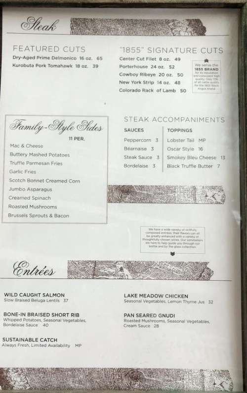 Old Hickory Steakhouse menu in Kissimmee, Florida, USA