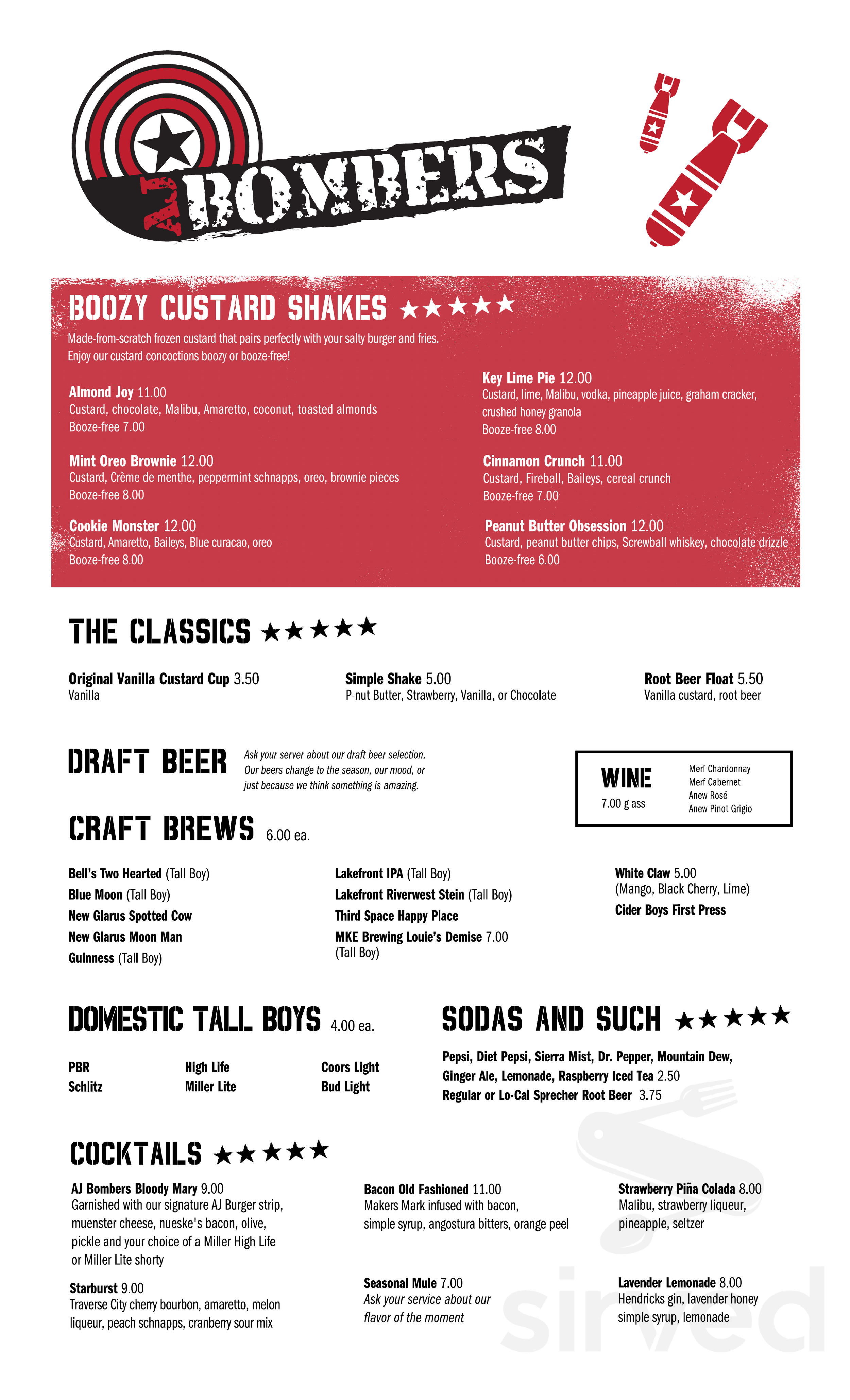 AJ Bombers menu in Milwaukee, Wisconsin, USA
