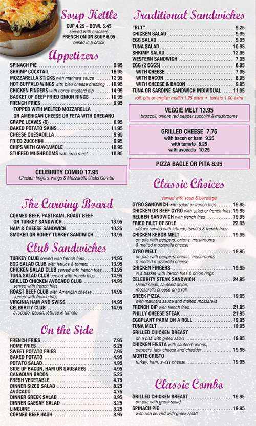 Celebrity Diner menu in Syosset, New York, USA