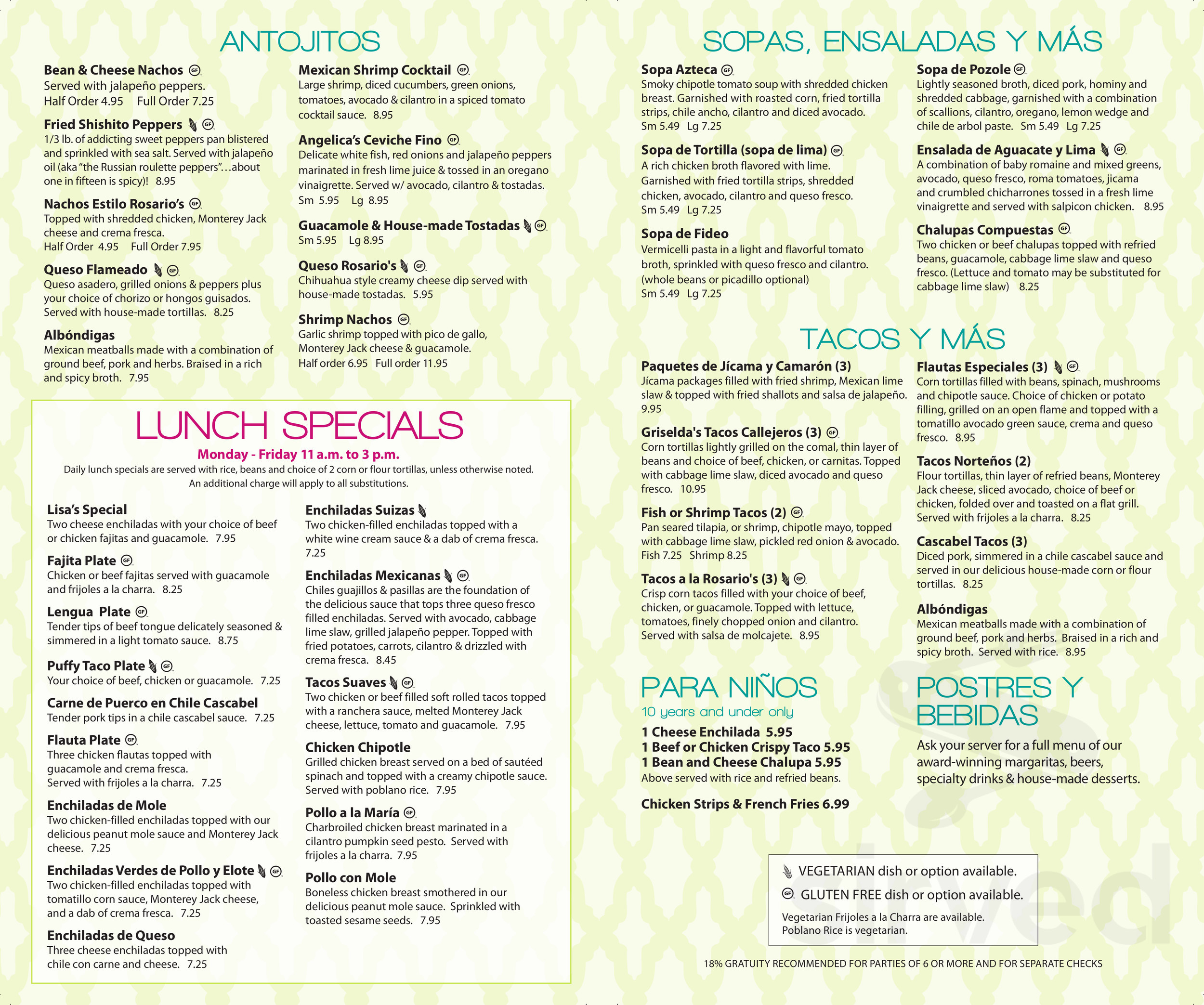 Menu - San Antonio TX's Rosario's Mexican Restaurant y Lounge (San ...
