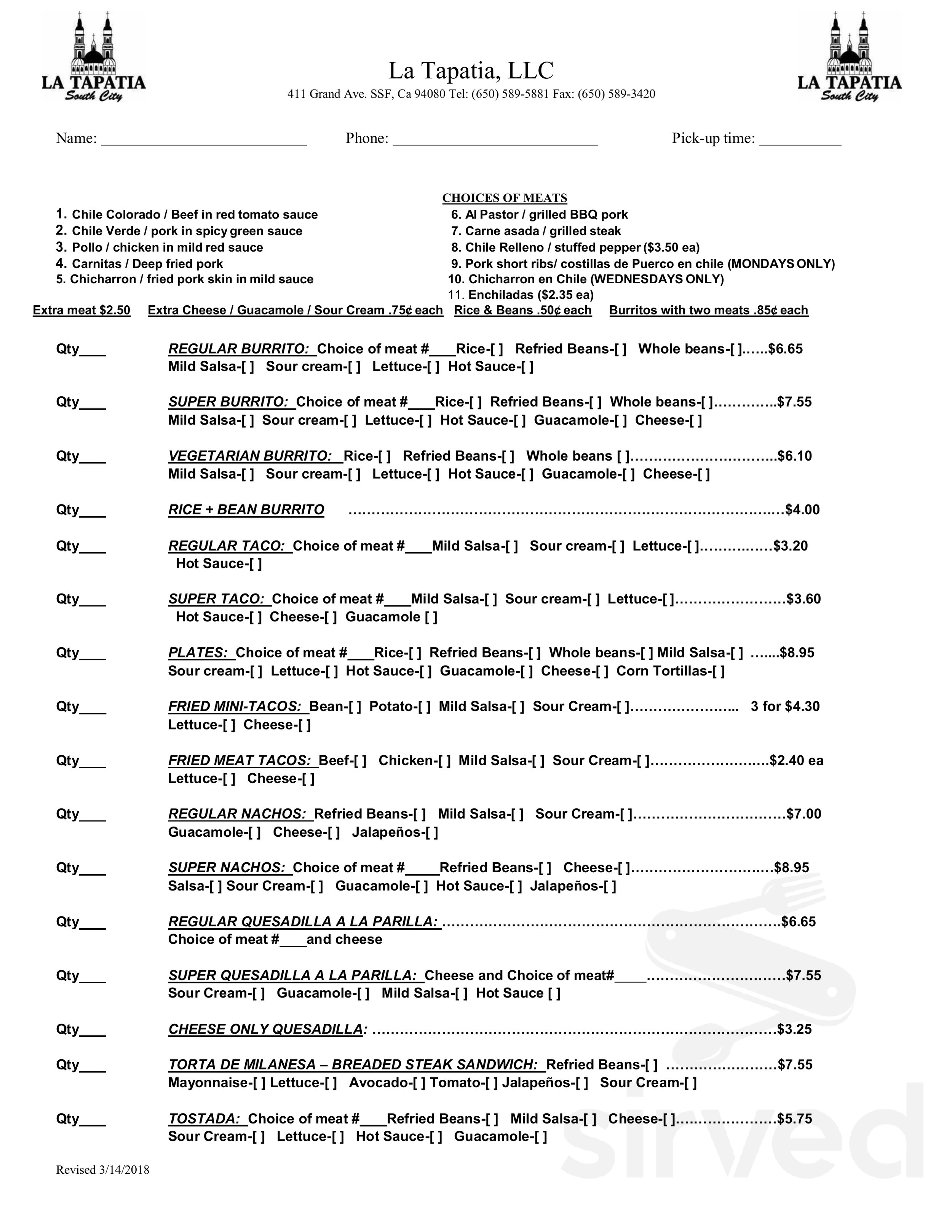 La Tapatia Mexicatessen menu in South San Francisco, California, USA