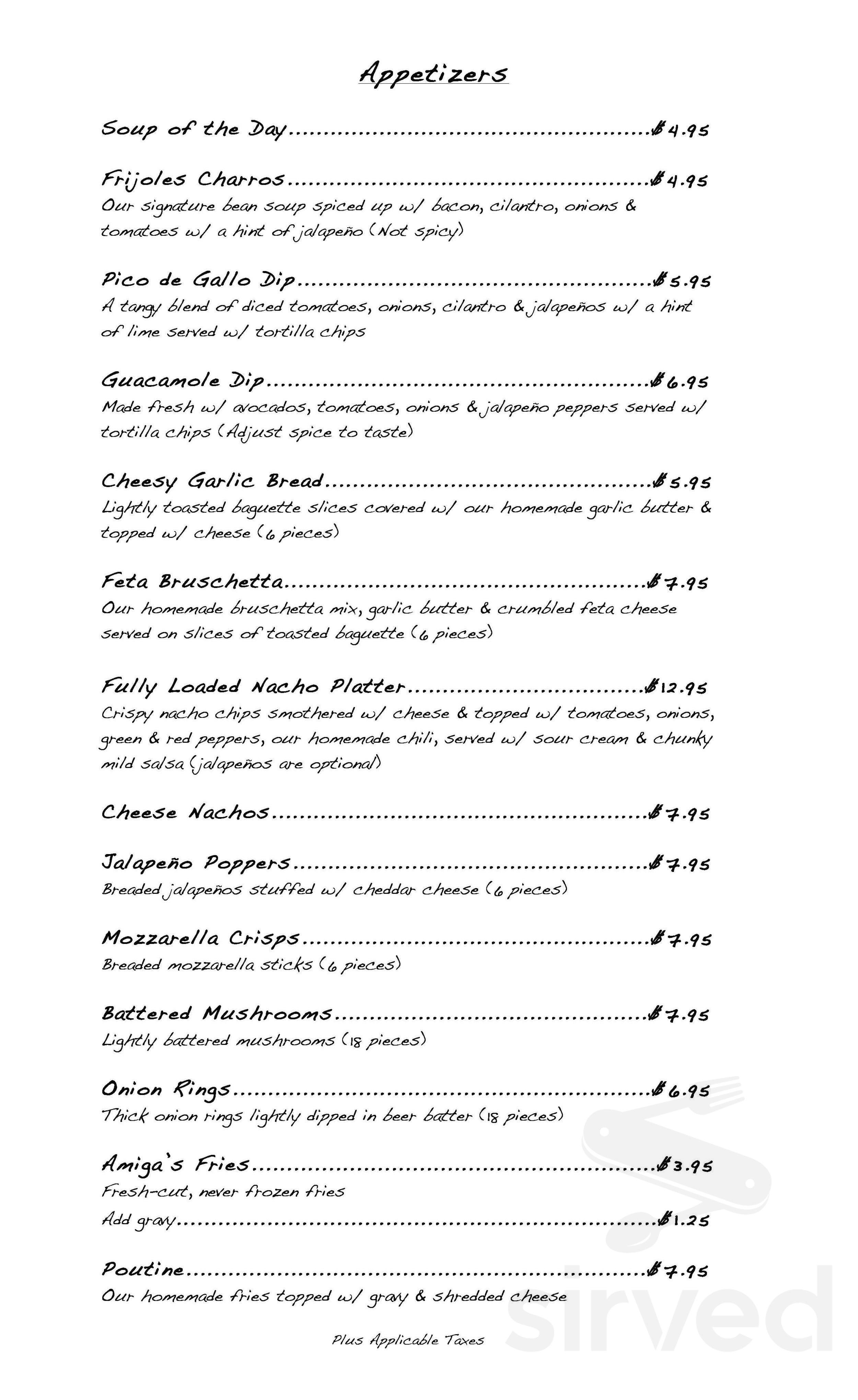 Amiga's Bistro menu in Simcoe, Ontario
