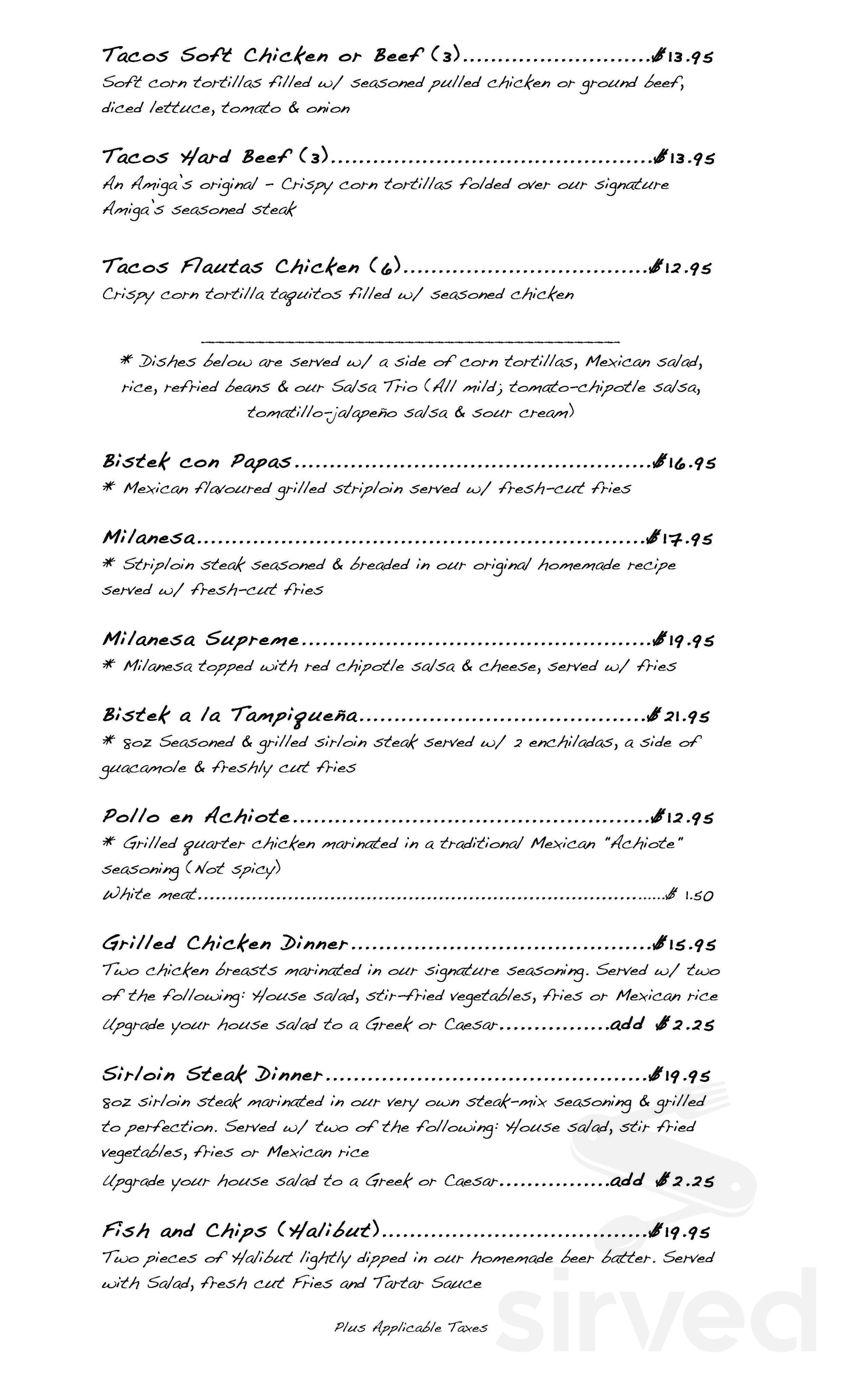 Amiga's Bistro menu in Simcoe, Ontario