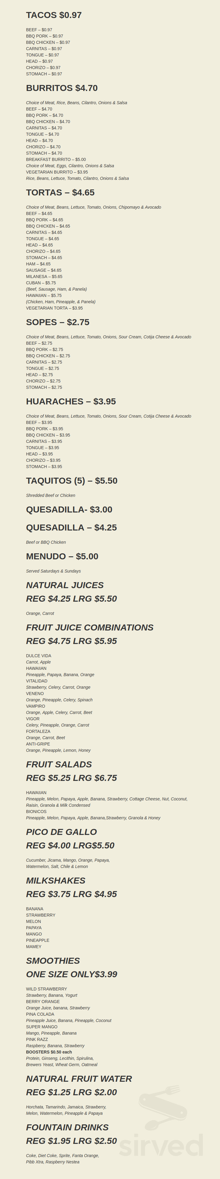 Taqueria Mexico menu in Westminster, California