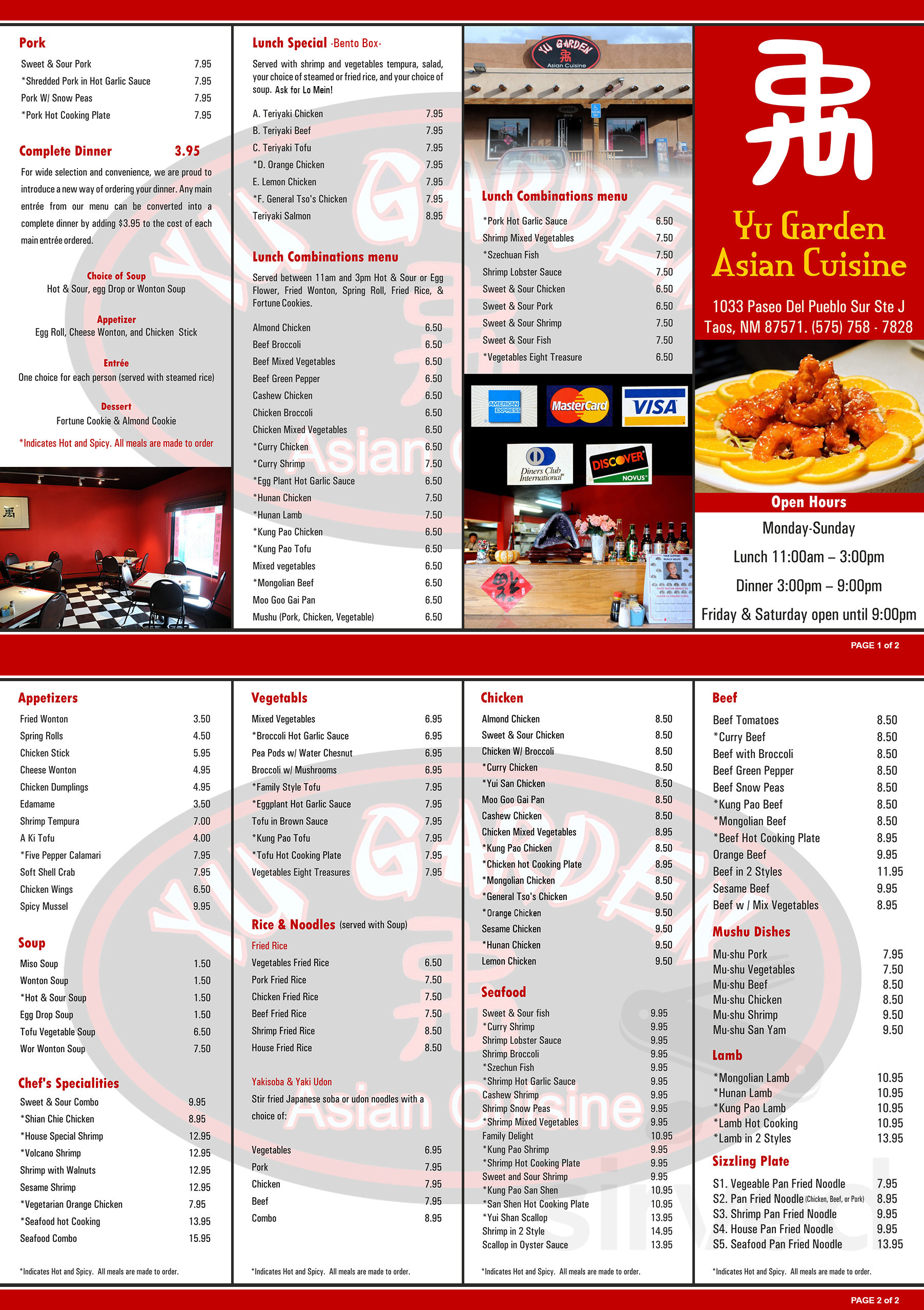 Yu Garden Asian Cuisine menu in Taos, New Mexico, USA