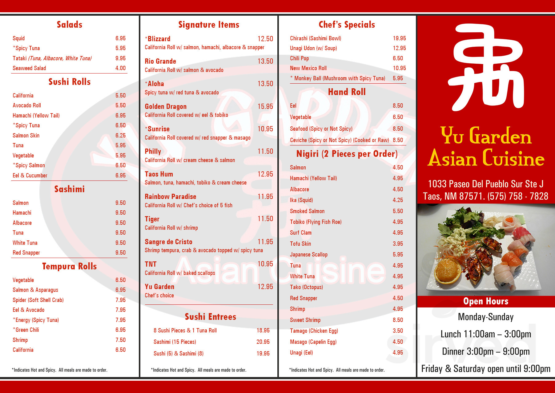 Menu Taos NM's Yu Garden Asian Cuisine Sirved