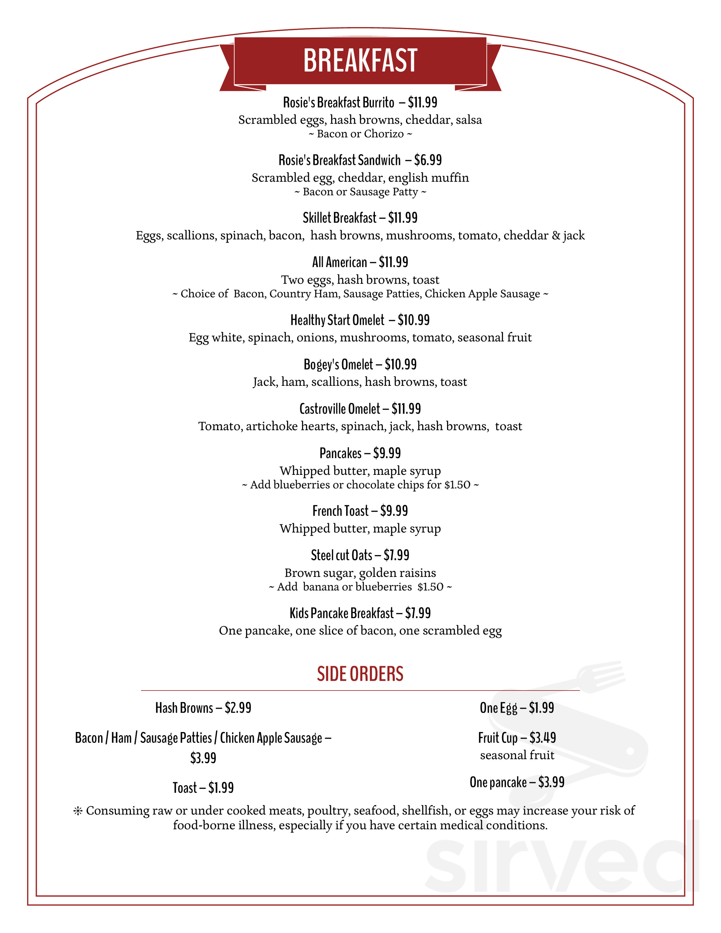 Menu Aptos CA's Seascape Golf Club Sirved