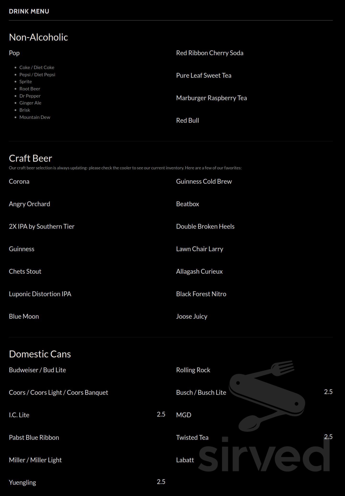 Lock 5 tavern menus in Freeport, Pennsylvania, United States