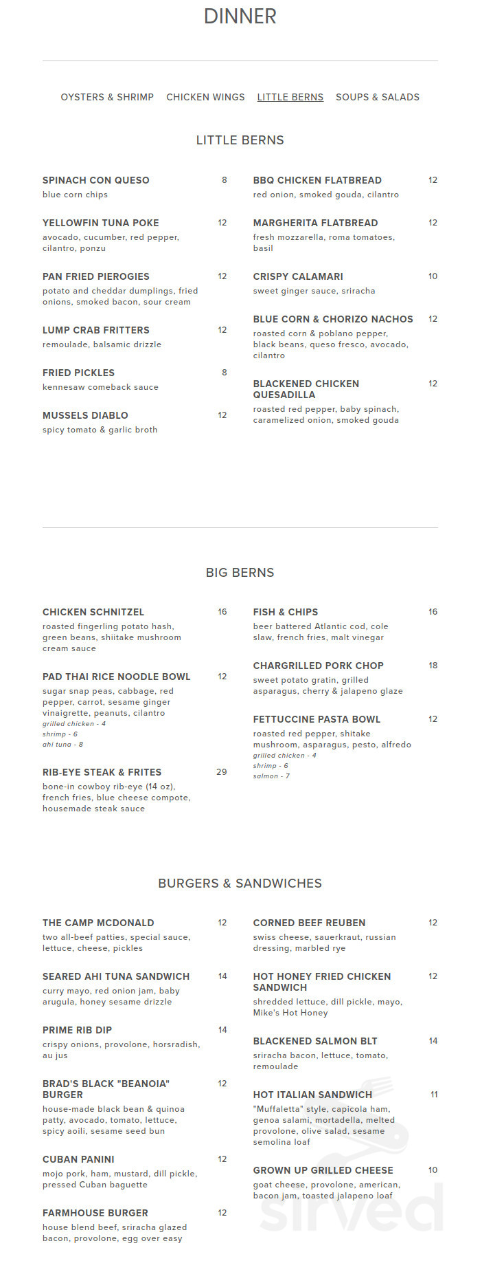 Bernie's menu in Kennesaw, Georgia, USA