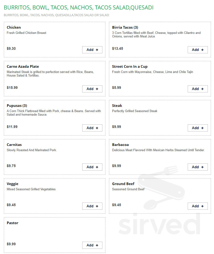 Caliritos Burrito Grill Downtown menu in New Bedford, Massachusetts, USA