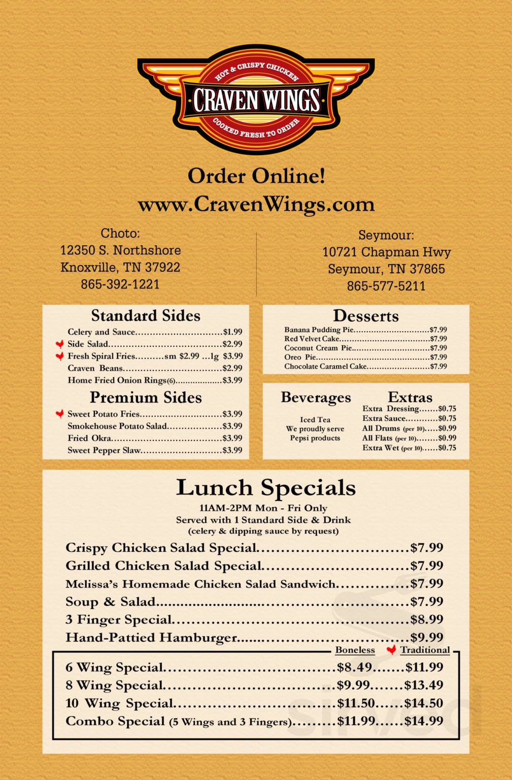 Craven Wings Choto menu in Knoxville, Tennessee, USA