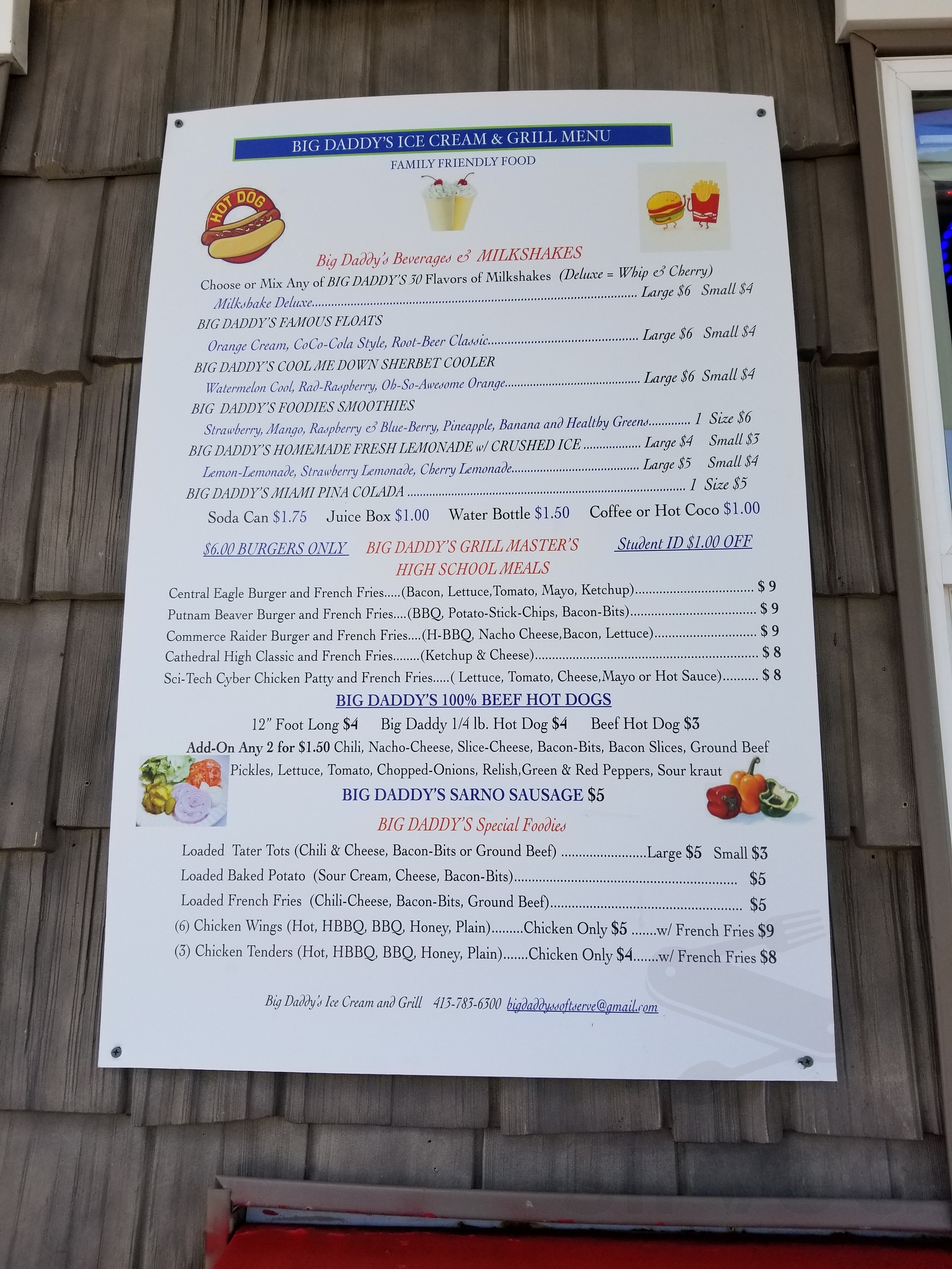 Big Daddy's Ice Cream & Grill menu in Springfield, Massachusetts, USA