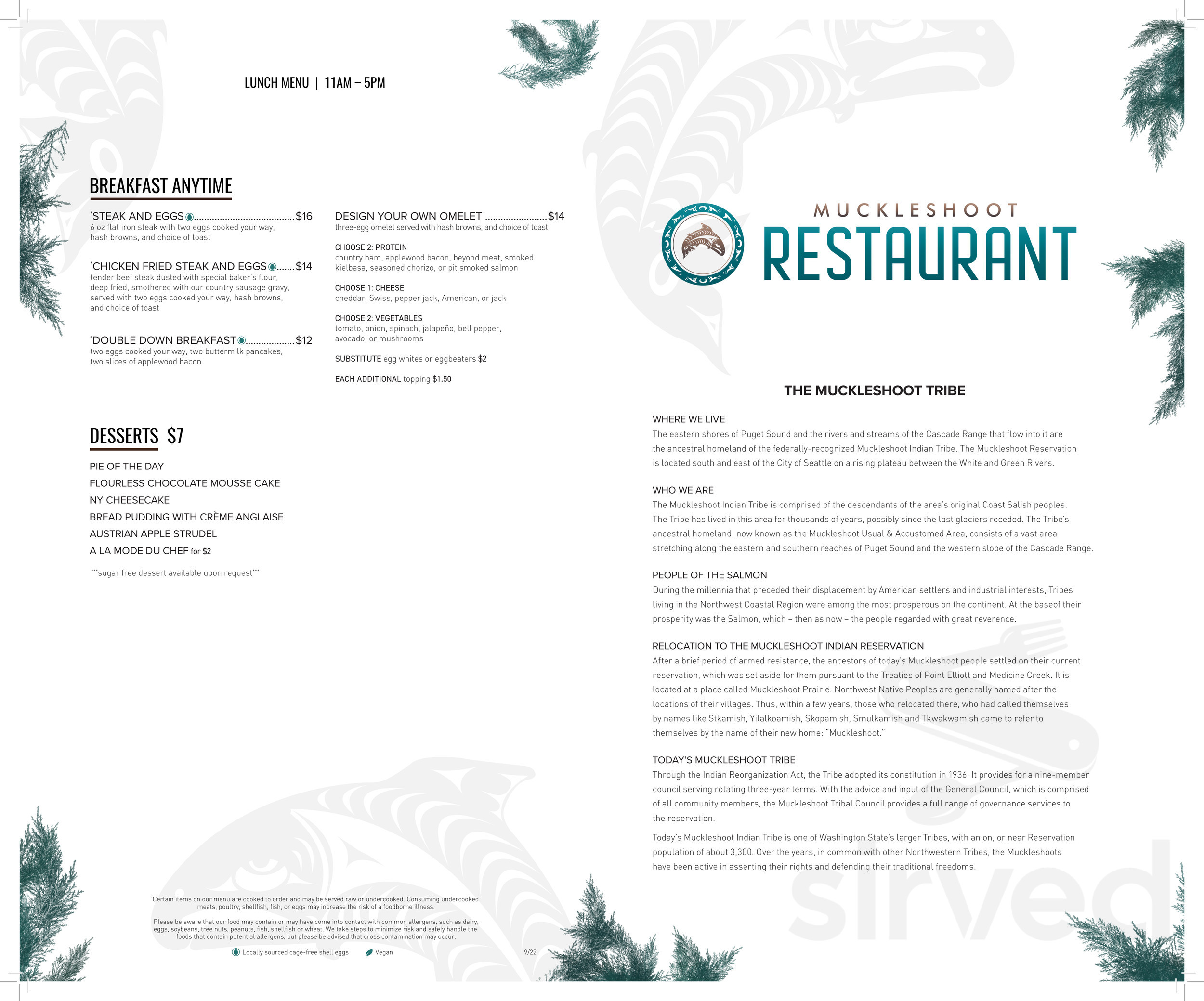 Muckleshoot Restaurant menu in Auburn, Washington, USA