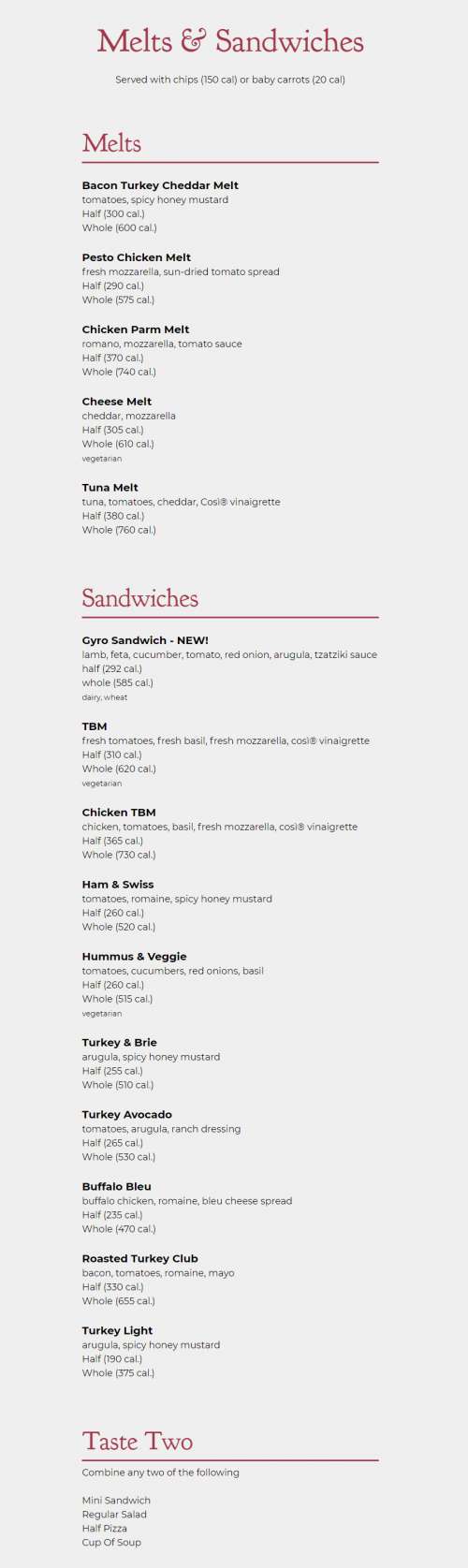 Cosi menu in Philadelphia, Pennsylvania, USA