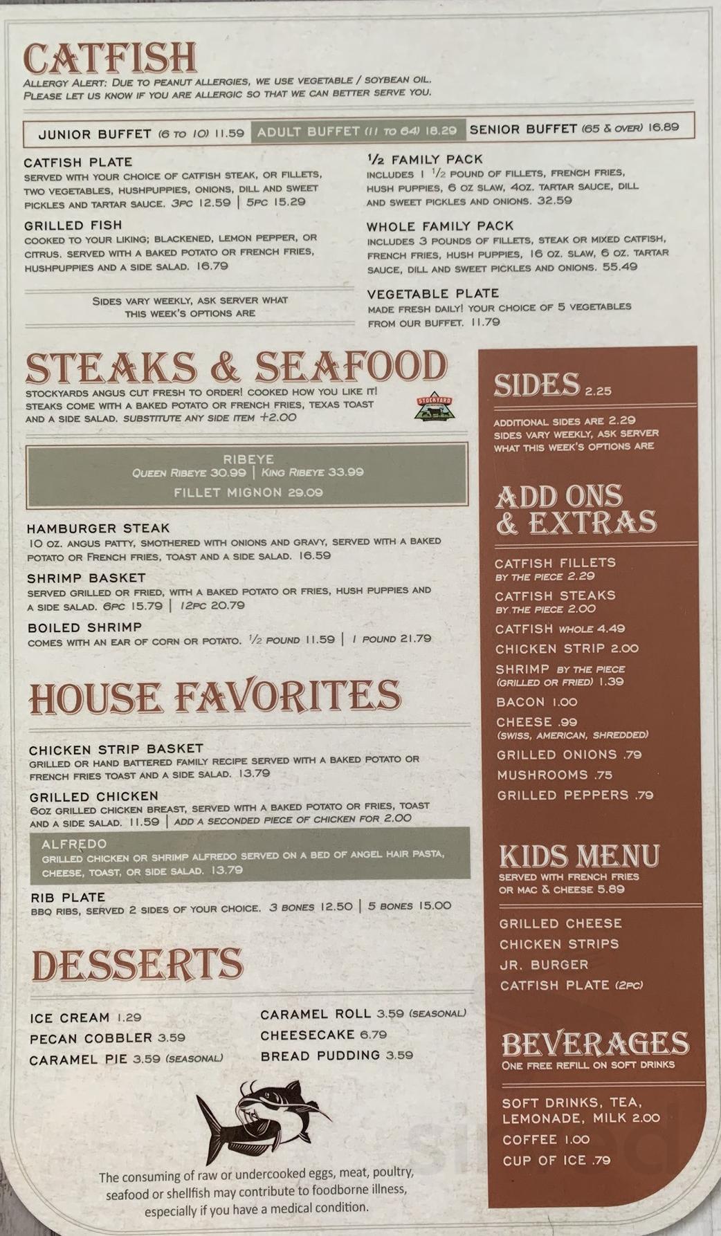 Guy's catfish and steakhouse menu in Vaiden, Mississippi, USA