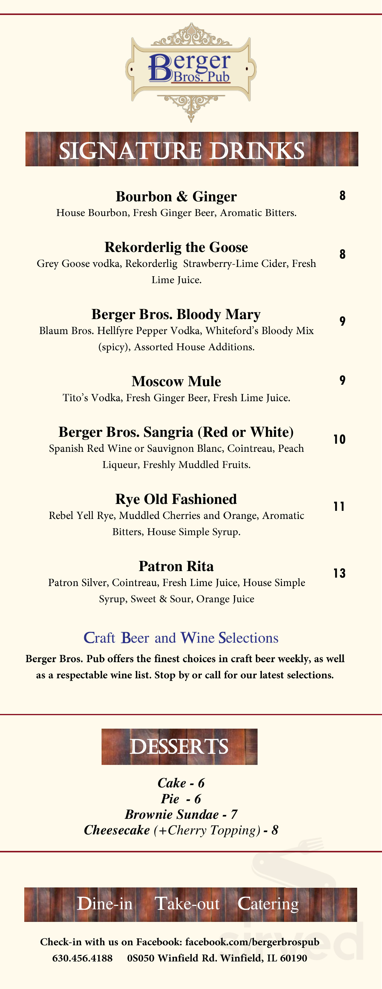 Berger Bros Pub menus in Winfield, Illinois, United States