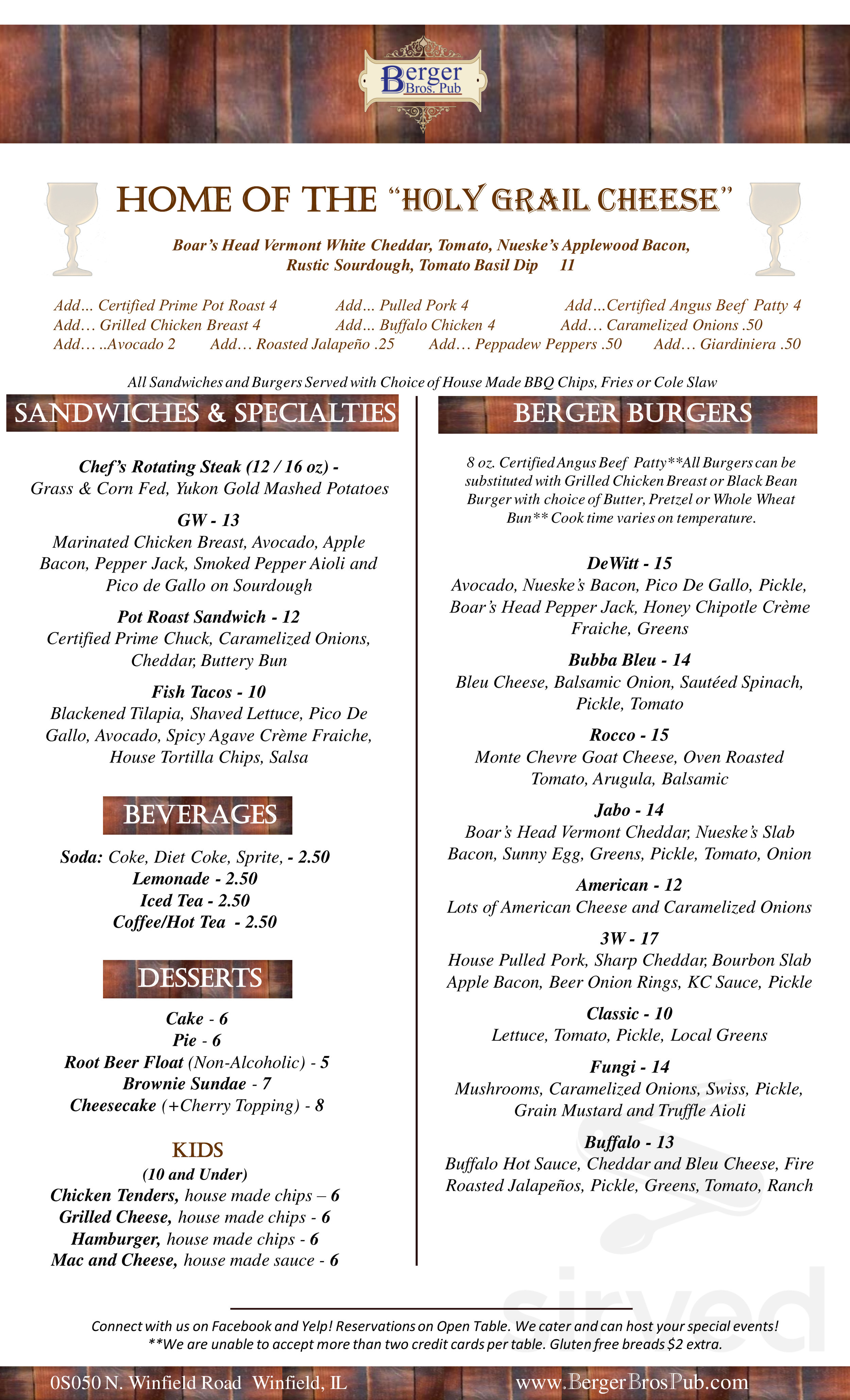 Berger Bros Pub menus in Winfield, Illinois, United States