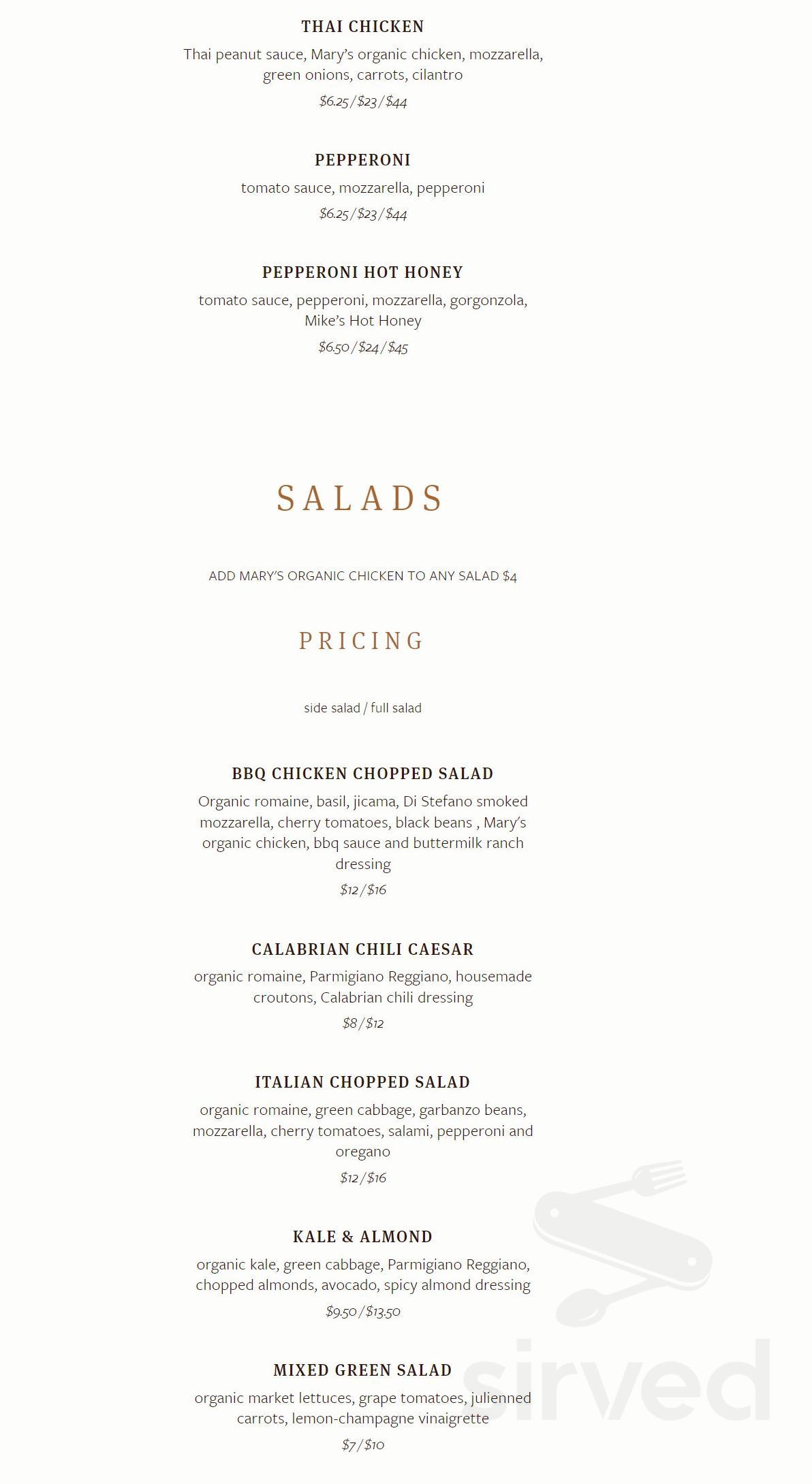 ROCA Pizza menu in Glendale, California, USA