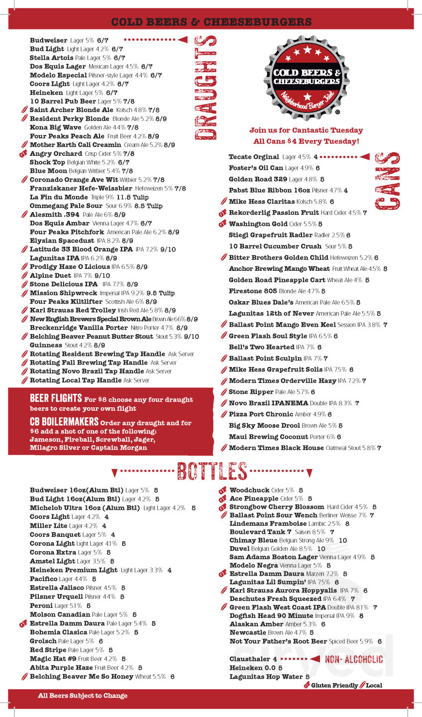 Cold Beers & Cheeseburgers menu in Glendale, Arizona, USA