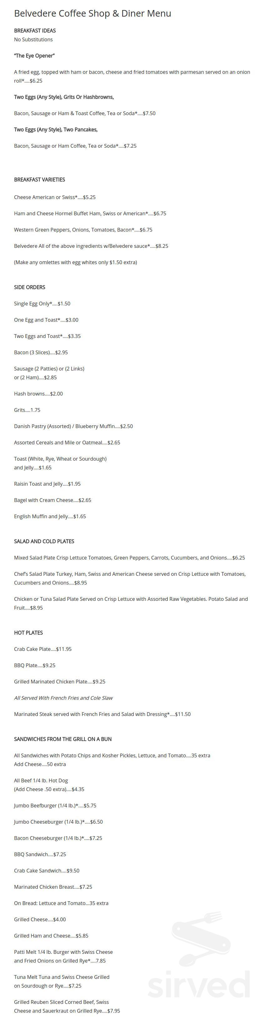 Menu for Belvedere Coffee Shop & Diner in Virginia Beach, VA | Sirved