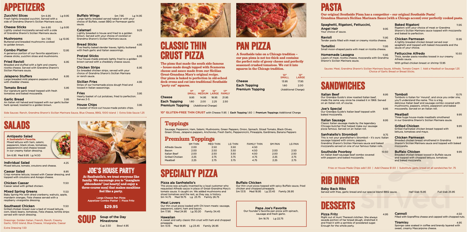 Sanfratello's Pizza menu in Highland, Indiana, USA