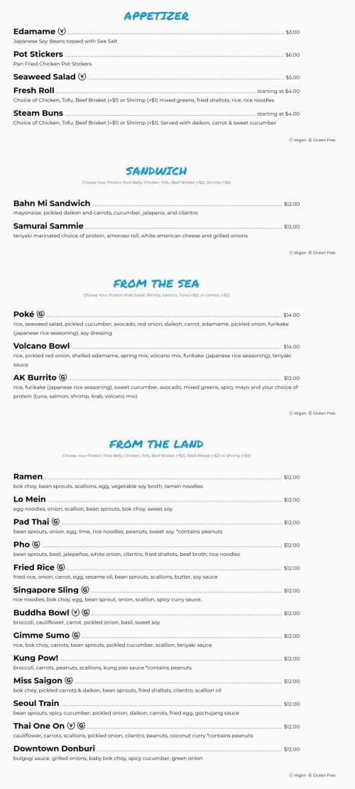 The Asian Kitchen menu in Tampa, Florida, USA
