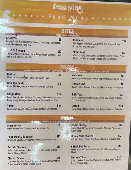 Free Play Arcade Ft Worth menu in Fort Worth Texas USA Free Play Arcade Ft Worth menu in Fort Worth Texas USA