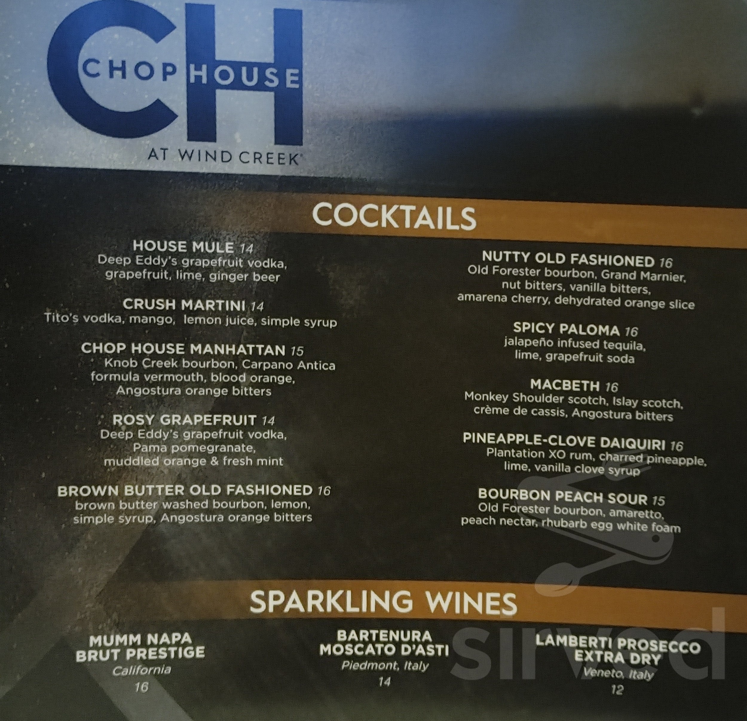 Chop House at Wind Creek menu in Bethlehem, Pennsylvania, USA