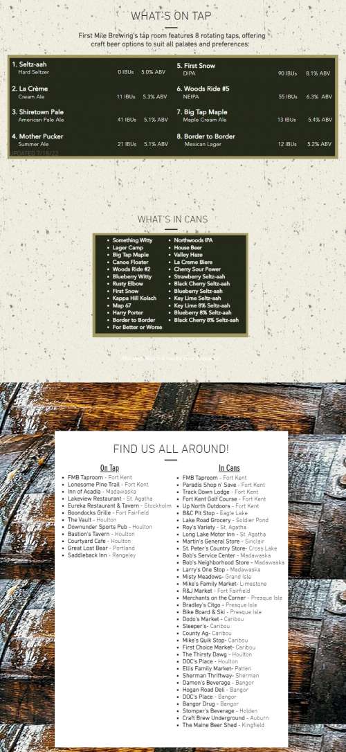 First Mile Brewing Company menu in Fort Kent, Maine, USA