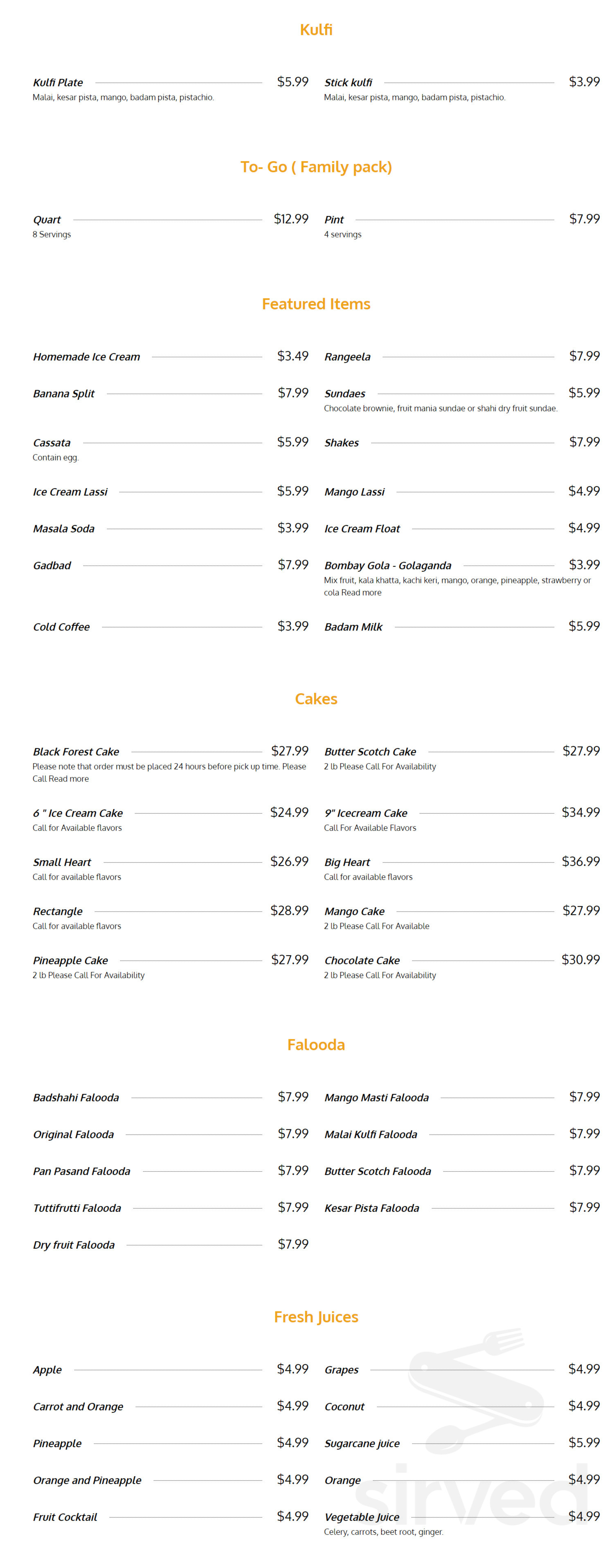 Kwality Ice Cream menu in Irving, Texas, USA