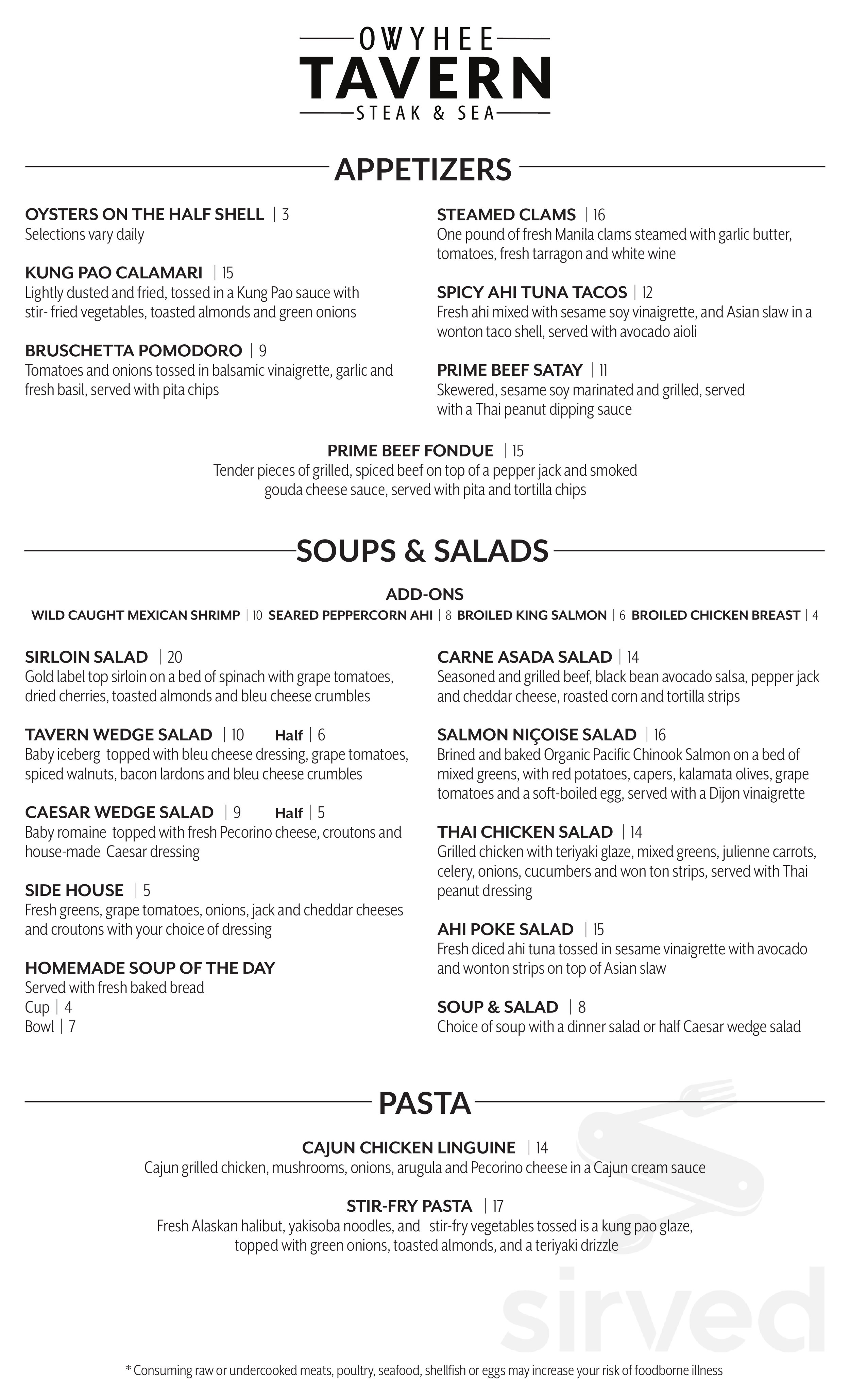 Owyhee Tavern menus in Boise, Idaho, United States