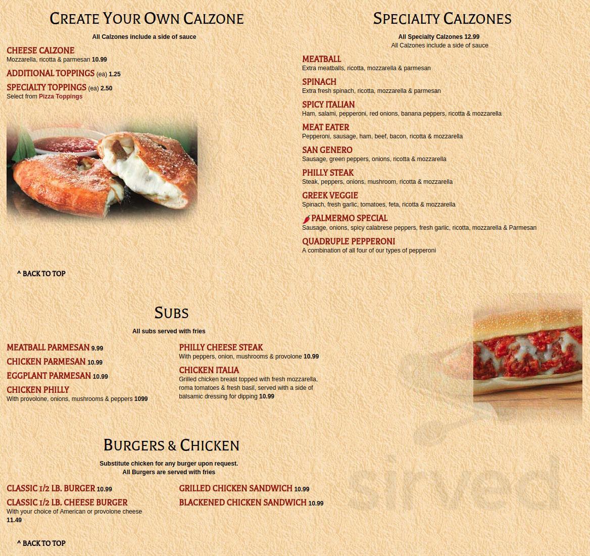 Piesanos Stone Fired Pizza menu in Gainesville, Florida, USA