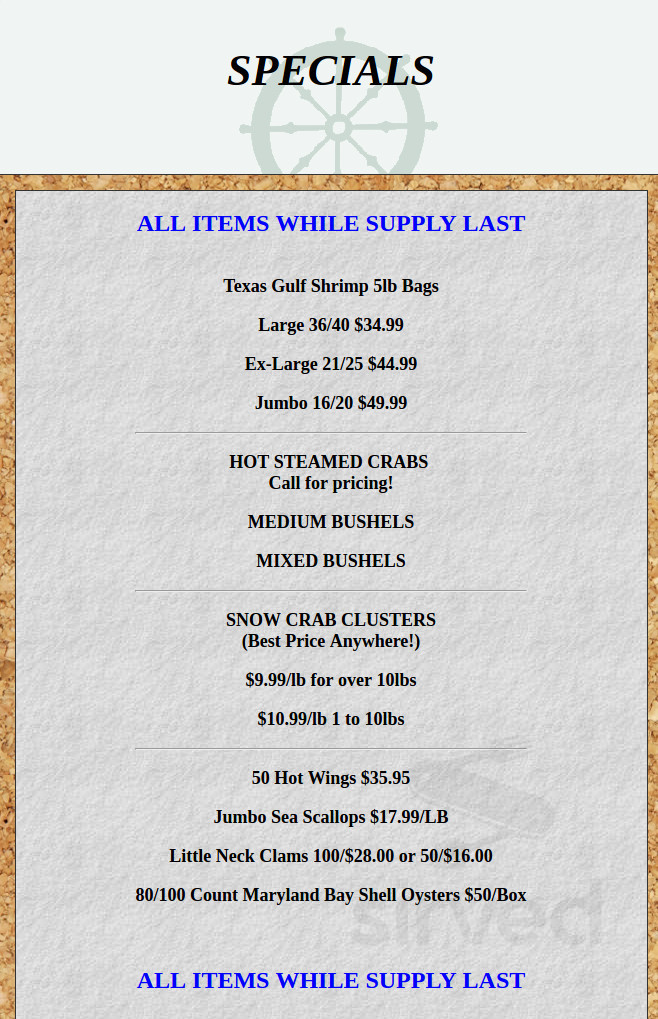 Route 30 Seafood specials menu in Thomasville, Pennsylvania