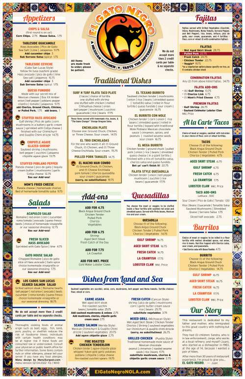 El Gato Negro French Market menu in New Orleans, Louisiana, USA