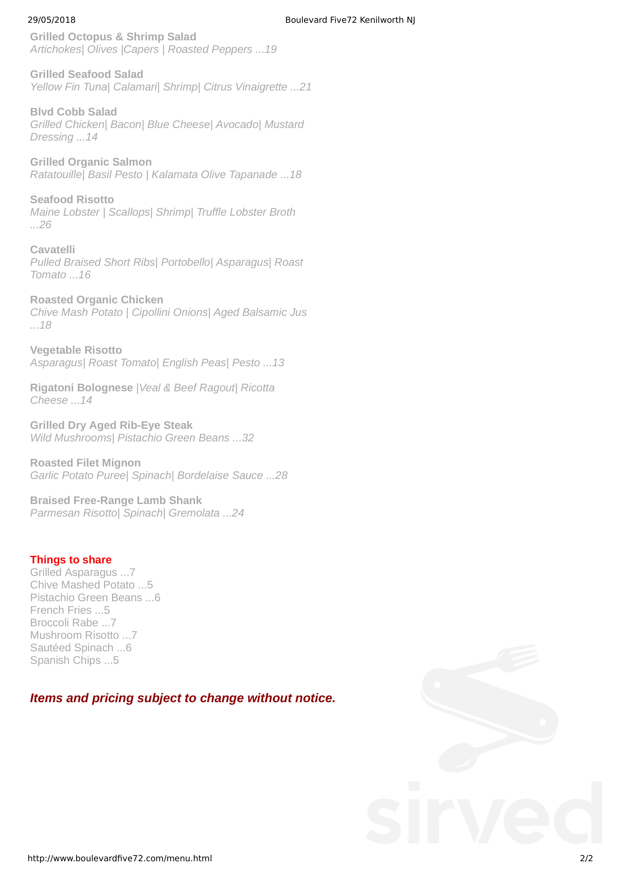 Boulevard Five72 menu in Kenilworth, New Jersey, USA