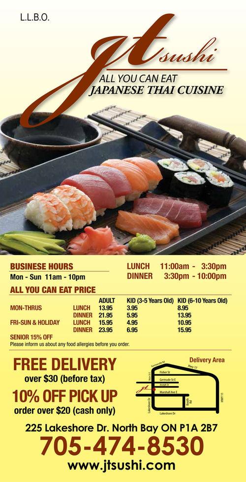 JT Sushi Restaurant menu in North Bay, Ontario, Canada