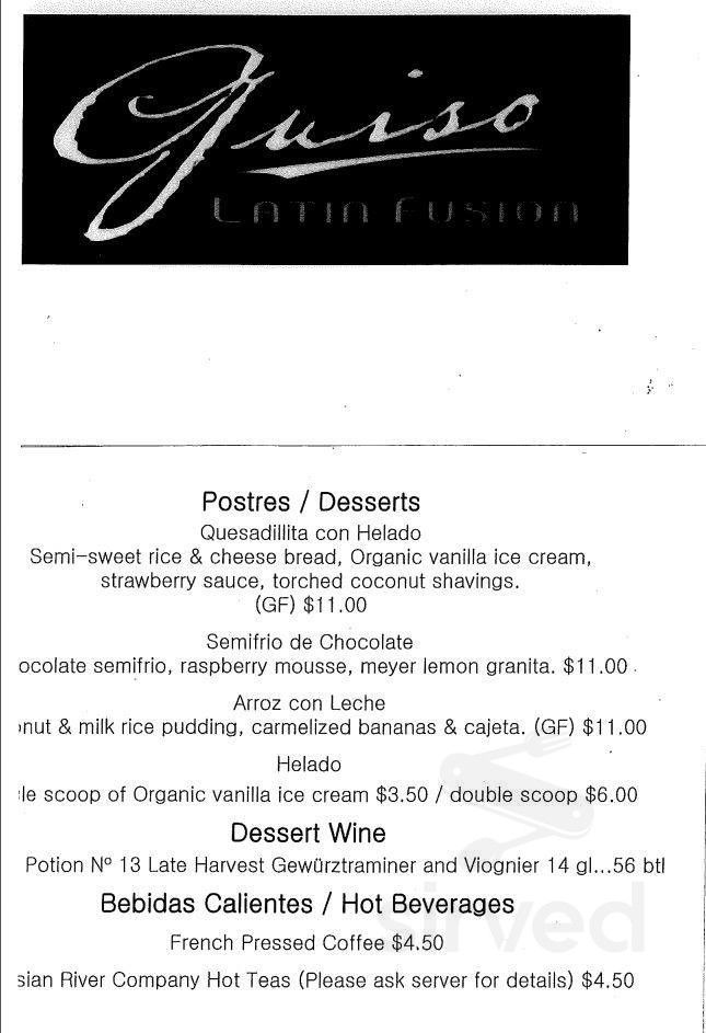 Guiso Latin Fusion dessert menu in Healdsburg, California
