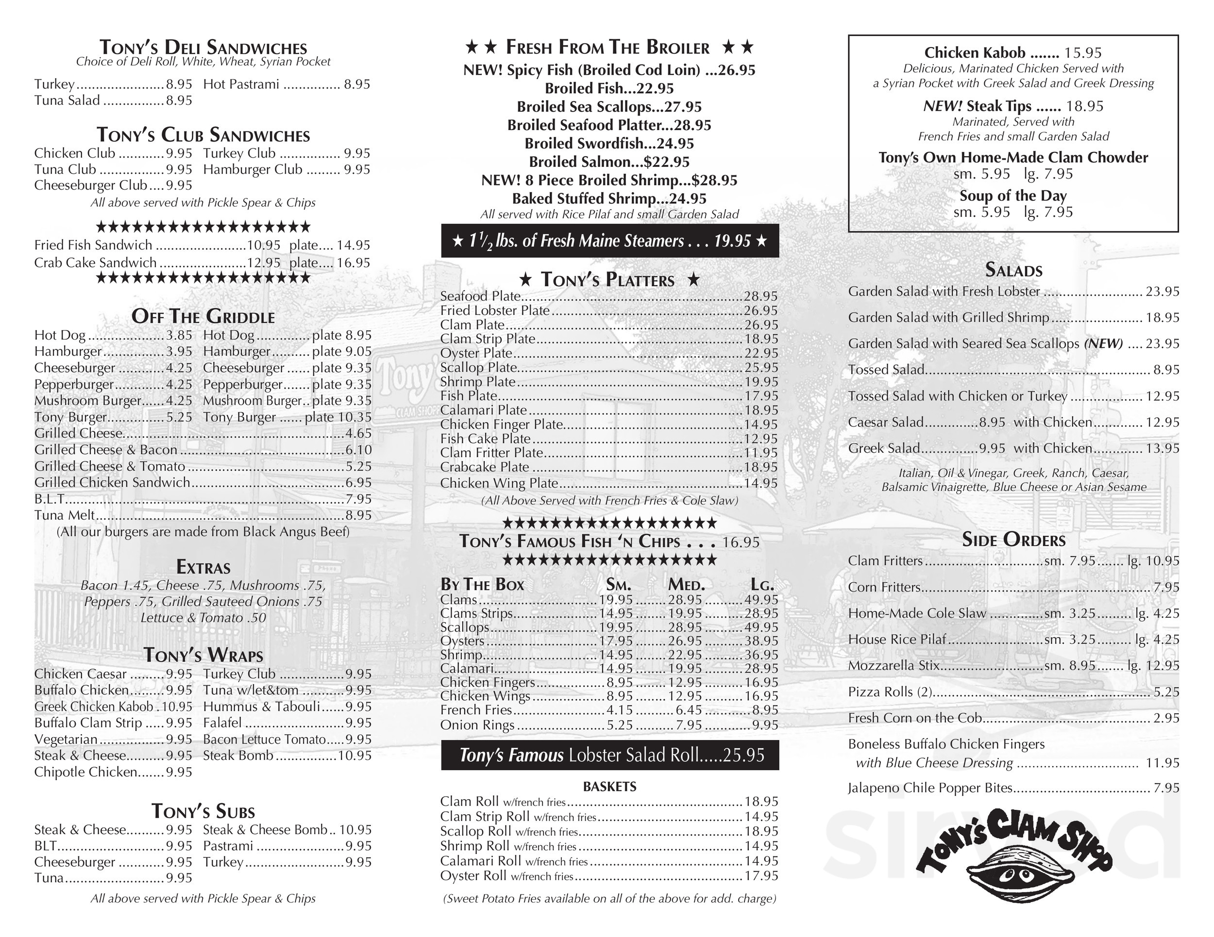 Tony's Clam Shop menu in Quincy, Massachusetts, USA