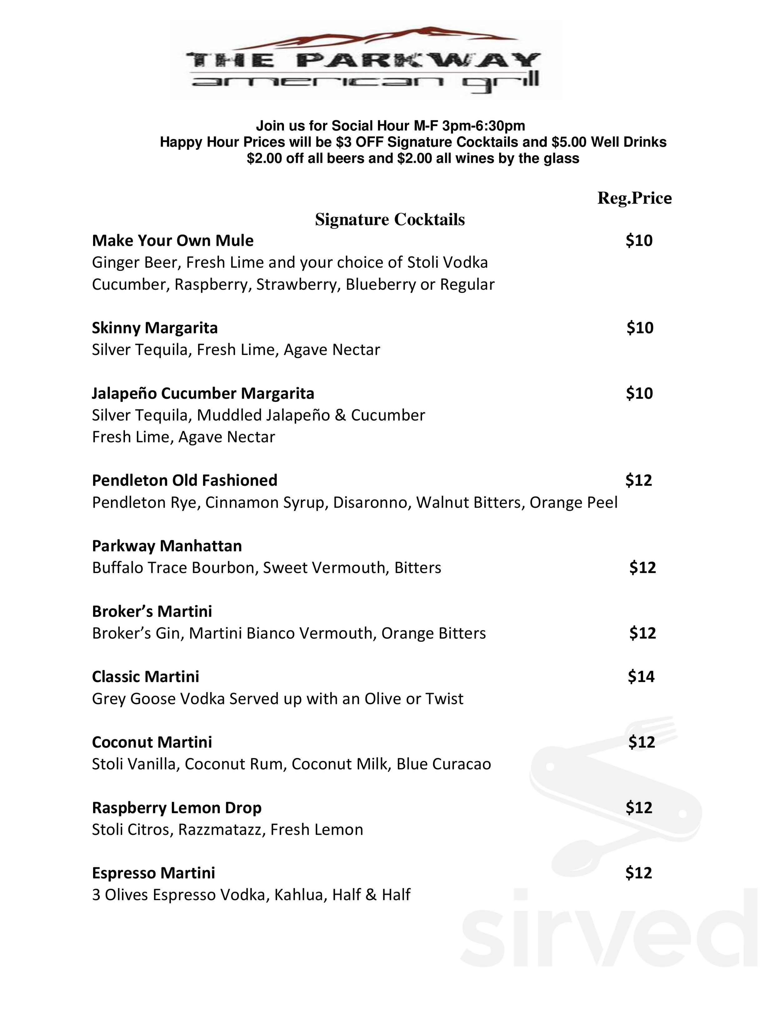 The Parkway Sports Bar & Grill menu in Rancho Santa Margarita